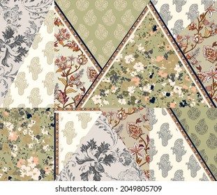 patchwork floral pattern with indian flower motifs. damask style pattern for textil and decoration