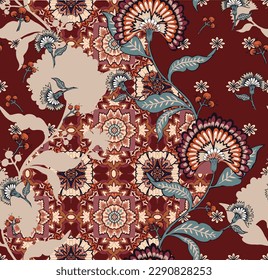 patchwork floral pattern with indian flower motifs. damask style pattern for textil and decoration