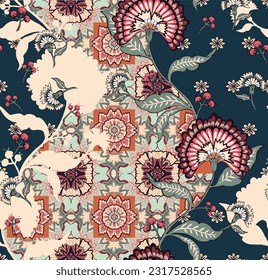 patchwork floral pattern with indian flower motifs. damask style pattern for textil and decoration