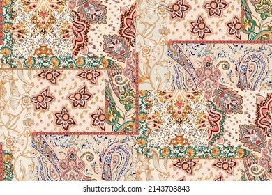 patchwork floral pattern with paisley and indian flower motifs. damask style pattern for textil and decoration