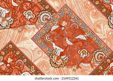 patchwork floral pattern with paisley and indian flower motifs. damask style pattern for textil and decoration