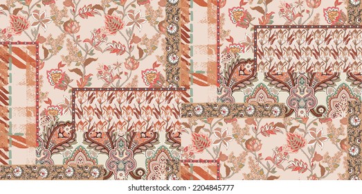 patchwork floral pattern with paisley and indian flower motifs. damask style pattern for textil and decoration