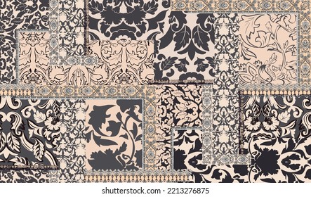 patchwork floral pattern with paisley and indian flower motifs. damask style pattern for textil and decoration