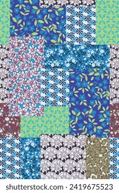Patchwork Blumenmuster nahtlos Muster mit Pisley und indischen Blumenmotiven. Cottage-Kerndruck für Textilien und Dekoration. Farbiger Retro-Hintergrund. Ditsy-floraler Vektorhintergrund.