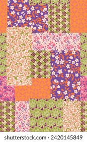 Patchwork floral seamless pattern with paisley and Indian flower motifs. Cottage core print for textile and decoration. Colorful retro background. Ditsy floral vector wallpaper.