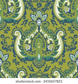 Patchwork flourishing and blossom design with damask technique. Motif with paisley for textile and decoration with flowers. Seamless pattern, wallpaper or print background. Vector in flat style