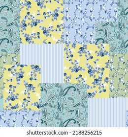 patchwork flower pattern on blue background