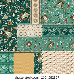 patchwork flower pattern on green background