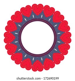 Patchwork frame - Valentine's Day symmetrical decor / design with red hearts, vector illustration