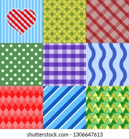 Patchwork from geometric multicolored patterns. Vector design.