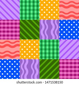 Patchwork from geometric multicolored patterns. Vector design.