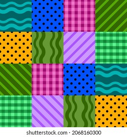 Patchwork from geometric multicolored patterns. Vector drawing.