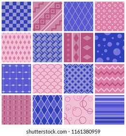 Patchwork from geometric patterns in blue and pink colors.