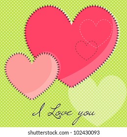 Patchwork greeting card with hearts and text - I love you