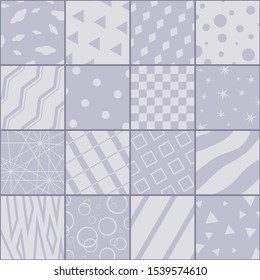 Patchwork in grey colors with sixteen abstract patterns.  Vector design.