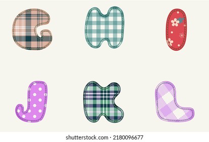 Patchwork hand drawn textile font. Cute textile font for scrapbook or collage design. Patchwork alphabet letters for your decoration with original patterns.