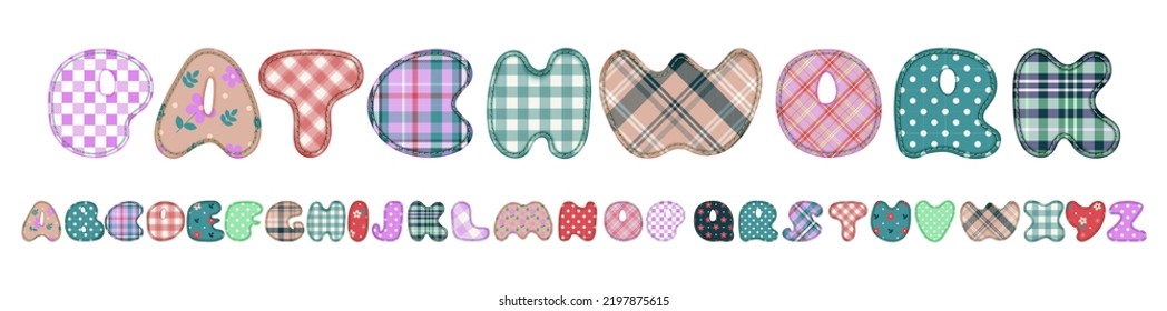Patchwork hand drawn textile font. Cute textile font for scrapbook or collage design. Patchwork alphabet letters for your decoration with original patterns.