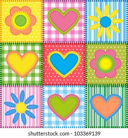 Patchwork with hearts and flowers.  Vector seamless background