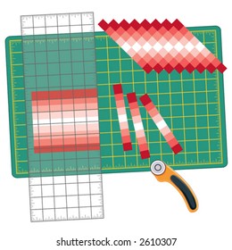 Patchwork How to Directions. Sew cloth strips, cut, reorganize into patterns with rotary blade cutter, quilters ruler on self healing cutting mat. For do it yourself quilts, applique, craft, hobby. 

