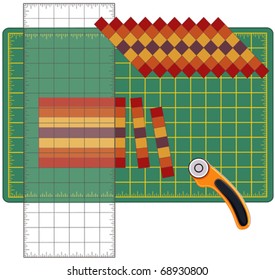 Patchwork How To Directions. Sew strips of cloth together, cut, reorganize into patterns with quilters see- through ruler, using rotary blade cutter on a cutting mat. For sewing, quilting, DIY crafts 