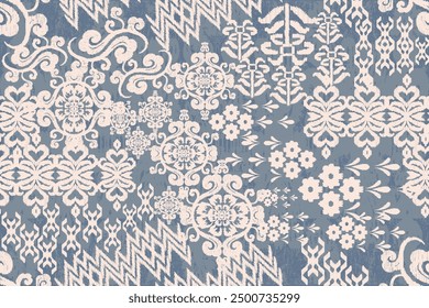 patchwork Ikat paisley embroidery on the fabric in Indonesia, India, and Asian countries. geometric ethnic oriental seamless pattern.Aztec style. illustration. design for texture, fabric, clothing