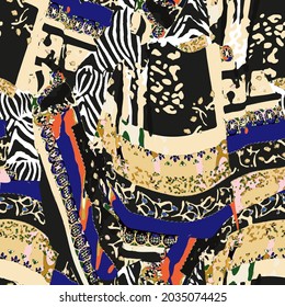 Patchwork leopard and zebra design pattern, leopard and ethnic pattern, seamy patchwork. African design. Fashion style. Seamless textile background.