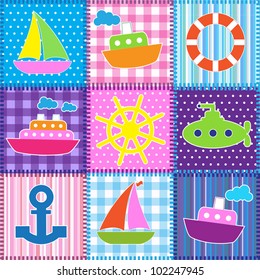 Patchwork in marine style.Seamless baby background