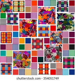 Patchwork mega set. Colorful collage textile flaps. Variety of seamless patterns. Checkered fabric, hounds tooth print, ornaments with maple and oak leaves and camouflage. Backgrounds & textures shop.