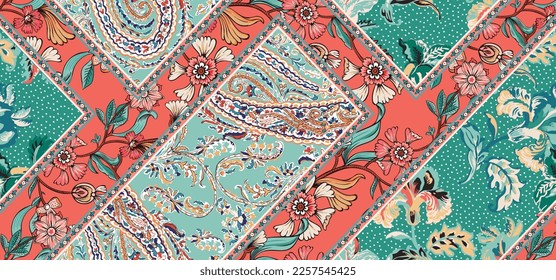 patchwork mosaic pattern with paisley and floral motifs. damask style pattern for textil and decoration