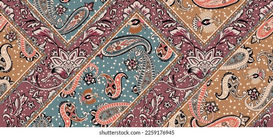 patchwork mosaic pattern with paisley and floral motifs. damask style pattern for textil and decoration