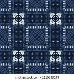 Patchwork Mosaic Tile Motif Seamless Vector Pattern. Hand Drawn Japanese Style Indigo Blue Quilt Texture for Elegant Textile Prints, Japan Decor, Craft Backdrop, Packaging, Kimono Fashion Fabric.