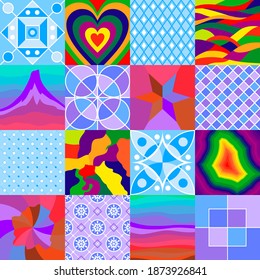 Patchwork from multicolored geometric patterns. Vector drawing.