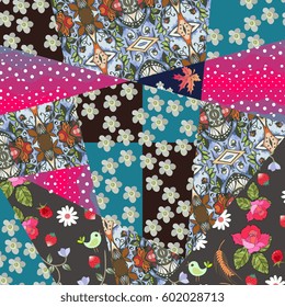 Patchwork natural pattern with yarrow flower, maple leaves, daisies, roses, berries and birds. Summer design.