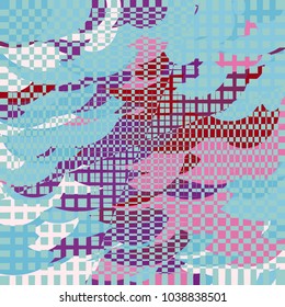 Patchwork with organic and geometric shapes. Checkered patterns and uneven distorted elements. Eccentric vibrant vector background for modern fashion, design, prints, textile, cloth, packaging.
