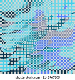 Patchwork with organic and geometric shapes. Checkered and uneven distorted elements. Eccentric vibrant vector background for modern fashion, design, prints, textile, cloth, paper packaging