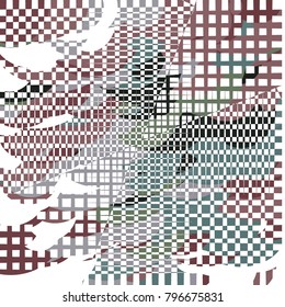 Patchwork with organic and geometric shapes. Checkered patterns and uneven distorted elements. Eccentric vibrant halftone background for modern fashion, design, prints, textile, cloth, paper packaging