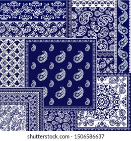 Patchwork paisley and border pattern.  Floral wallpaper. Decorative ornament for fabric, textile, wrapping paper. Indigo  paisley pattern.