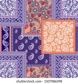 Patchwork paisley and border pattern. Floral wallpaper. Decorative ornament for fabric, textile, wrapping paper. Indigo paisley pattern.