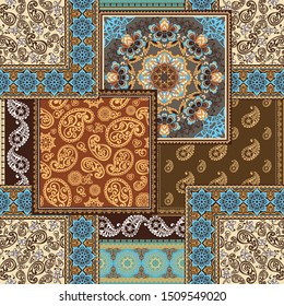 Patchwork paisley and border pattern. Floral wallpaper. Decorative ornament for fabric, textile, wrapping paper.