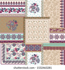 Patchwork paisley and border pattern. Floral wallpaper. Decorative ornament for fabric, textile, wrapping paper.