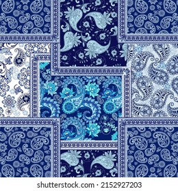 Patchwork paisley and border pattern. Floral wallpaper. Decorative ornament for fabric, textile, wrapping paper.