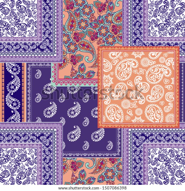 Patchwork paisley and border pattern. Floral\
wallpaper. Decorative ornament for fabric, textile, wrapping paper.\
Indigo paisley\
pattern.