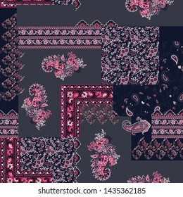 Patchwork paisley and border pattern on navy