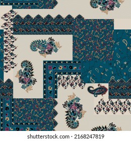 Patchwork paisley pattern blue background