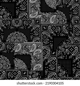 patchwork paisley pattern on black background