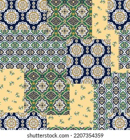 patchwork paisley pattern on yellow background
