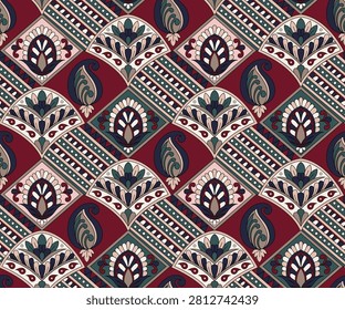 patchwork paisley seamless pattern on red background
