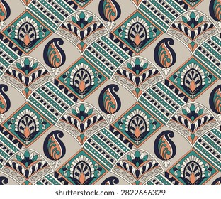 patchwork paisley seamless pattern on Grey background