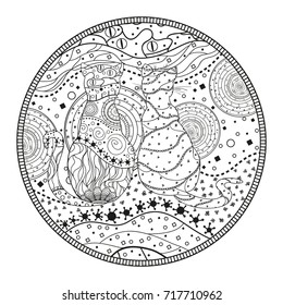 Patchwork pattern. Abstract eastern pattern. Hand drawn texture with circle patterns on isolation background. Design for spiritual relaxation for adults. Line art creation. Print for polygraphy