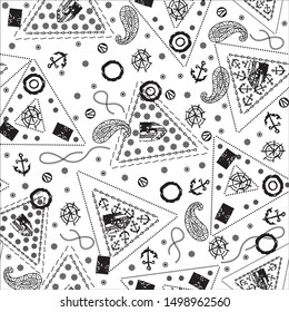 Patchwork pattern with anchors and nautical theme. Black on white. 